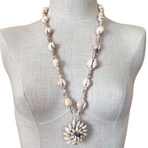 Vintage Cowrie Cluster Pendant and String Sea Shell Necklace Beach Coastal Boho